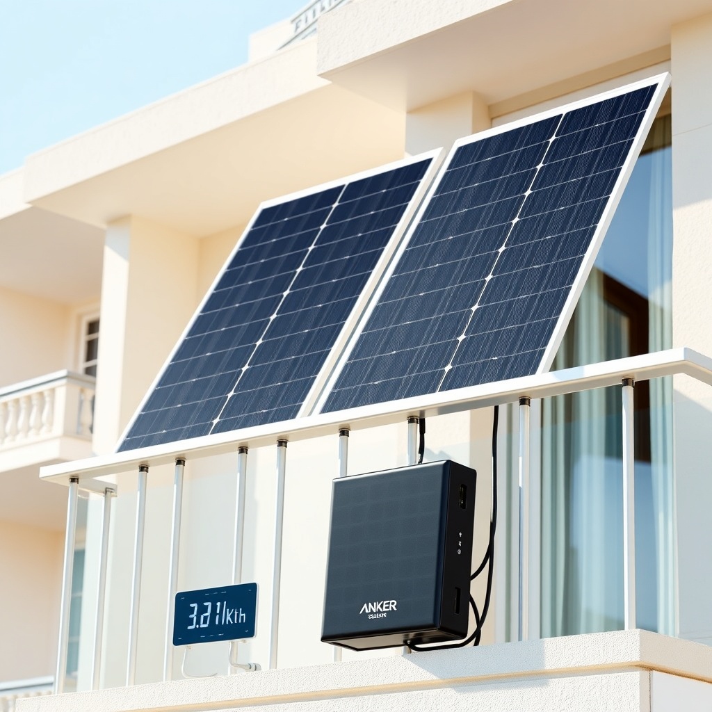 Two 410W solar panels mounted on a south-facing balcony railing