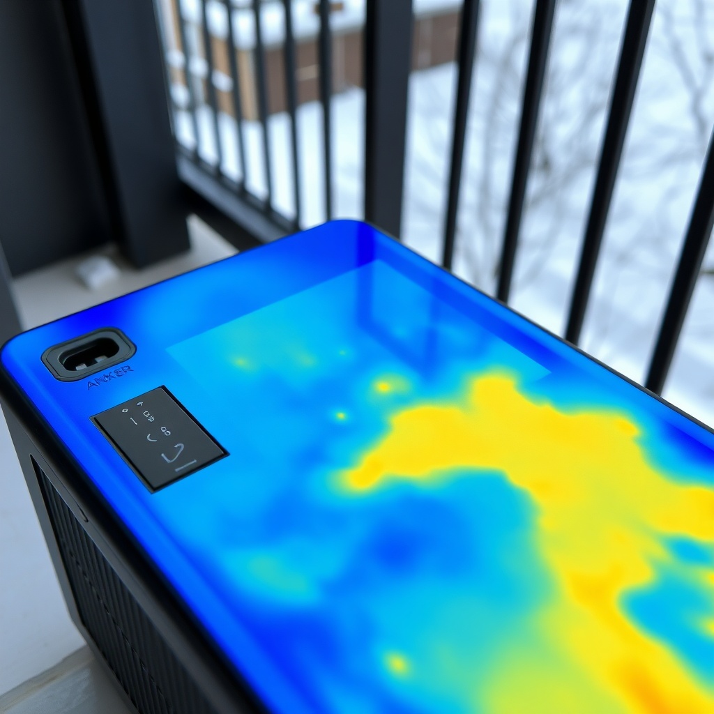 Thermographic close-up of Anker Solix Solarbank 2 Pro showing surface temperature distribu