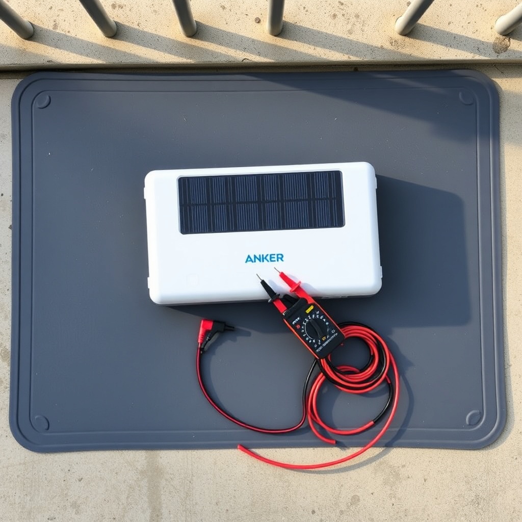 A photorealistic top-down shot of the Anker Solix Solarbank 2 Pro placed on a grey silicon