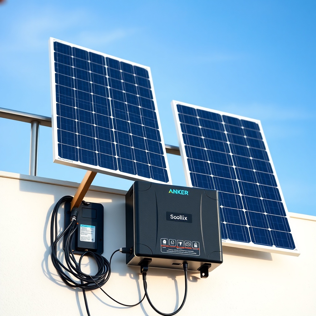 A clean photorealistic image of a balcony setup with two solar panels angled on a railing
