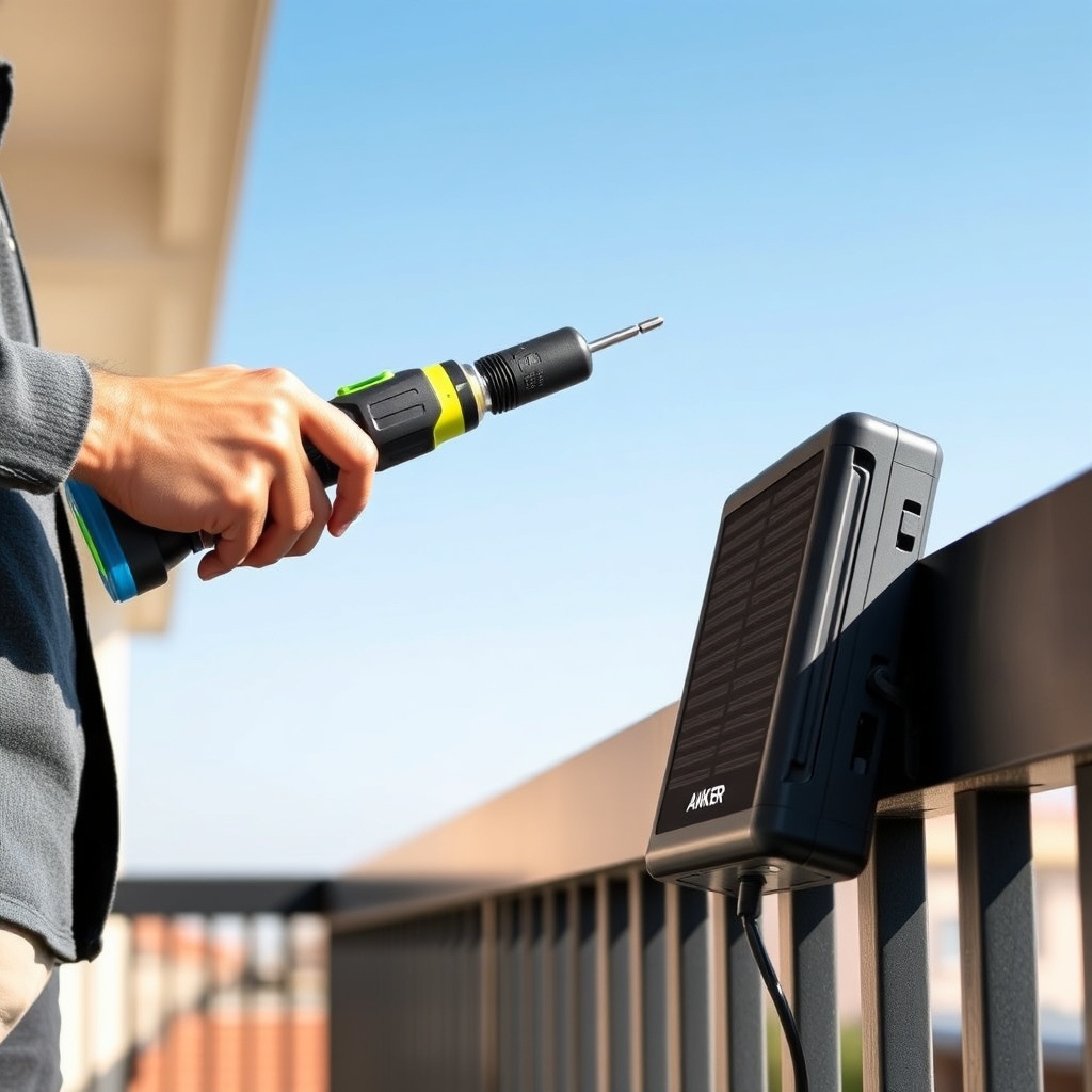 A person on a balcony holding a cordless screwdriver