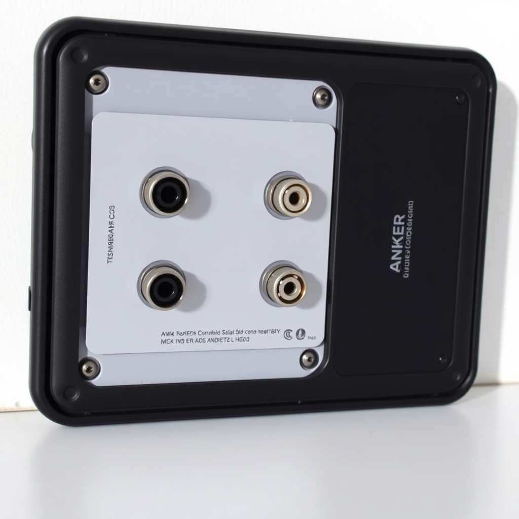A photorealistic photo showing the rear panel of the Anker Solix Solarbank 2 Pro with four