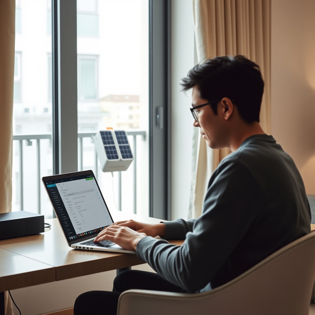 A person sitting at a desk in a modern apartment