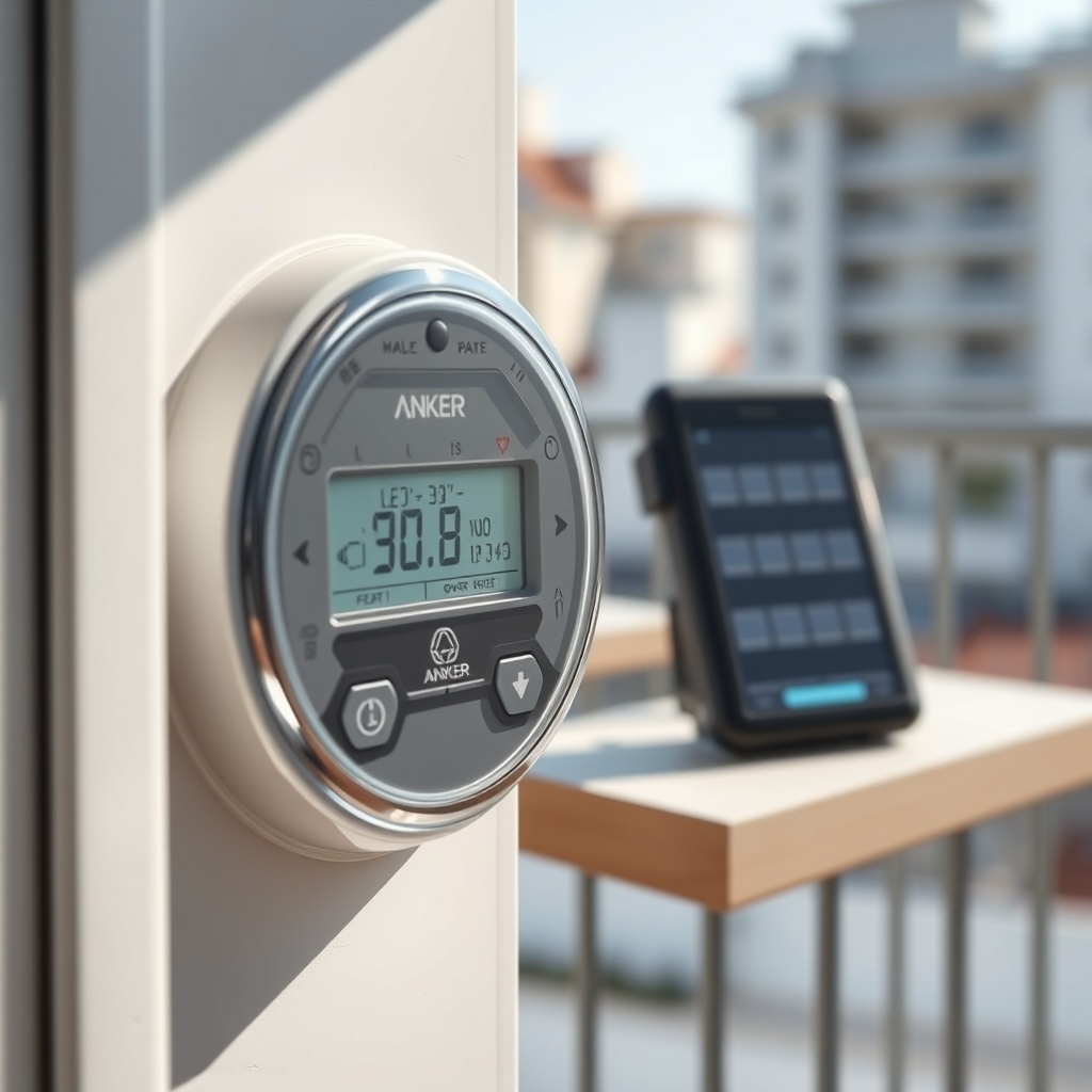 A close-up of a digital electric meter with a display showing current power flow