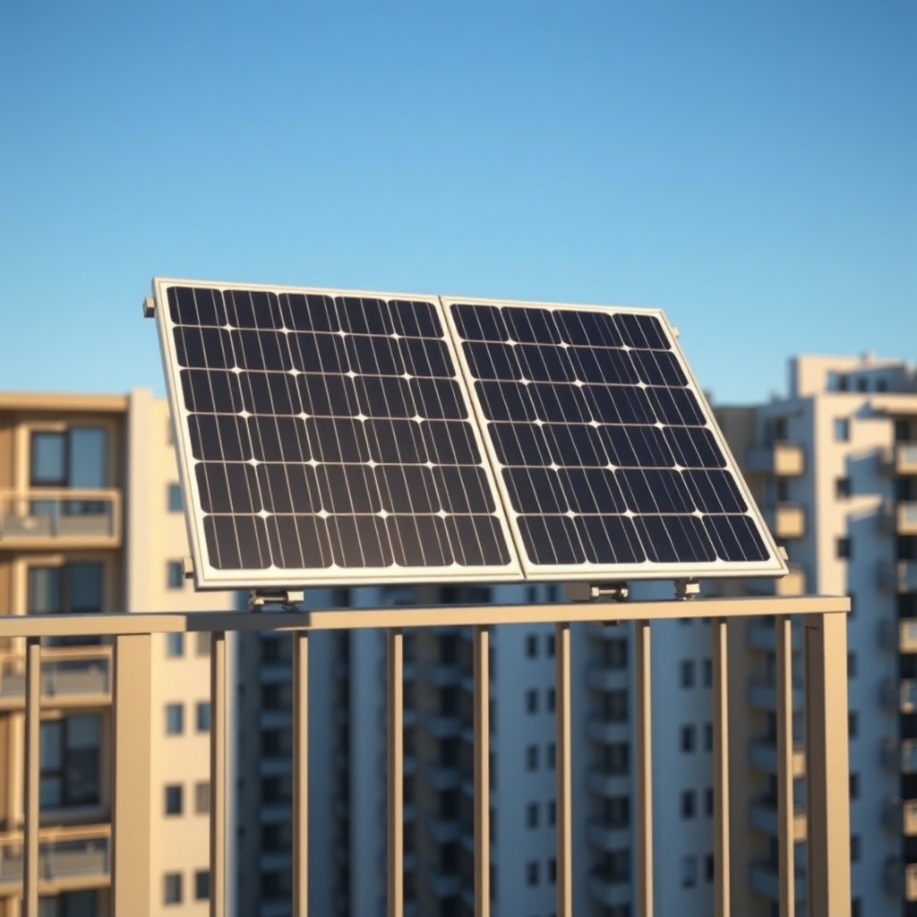 A clean photorealistic photo of two solar panels mounted on a balcony railing at an angled
