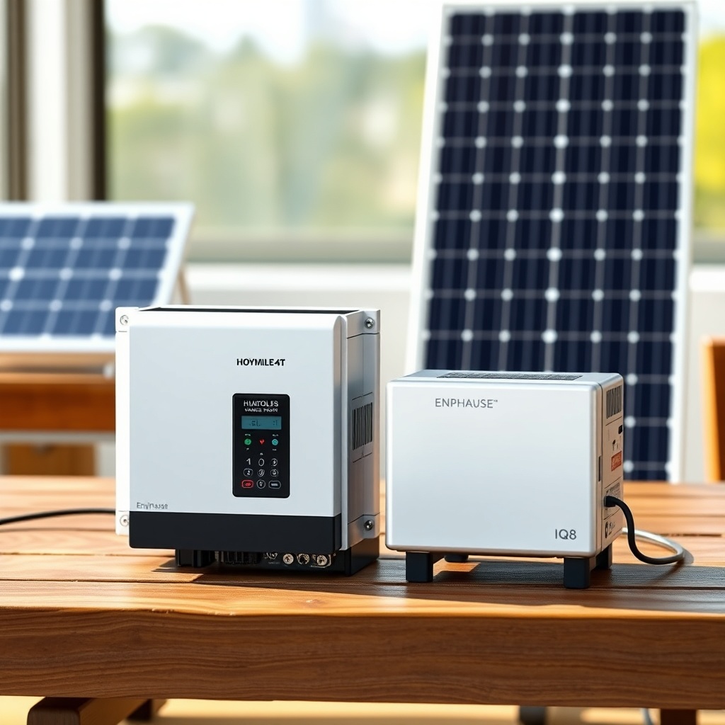 A clean photorealistic photo of a Hoymiles HMS-2000-4T microinverter placed on a wooden ta
