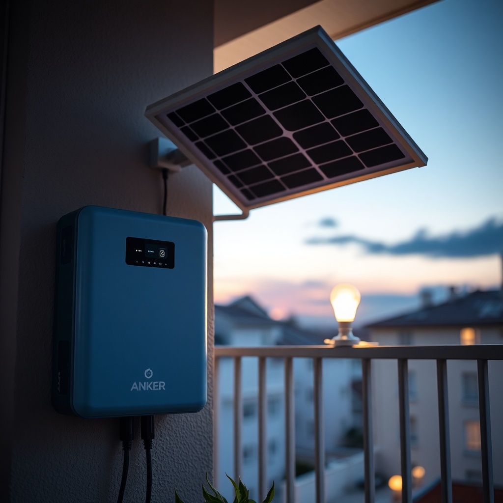A close-up photo of an Anker Solix Solarbank 2 Pro unit mounted on a balcony wall