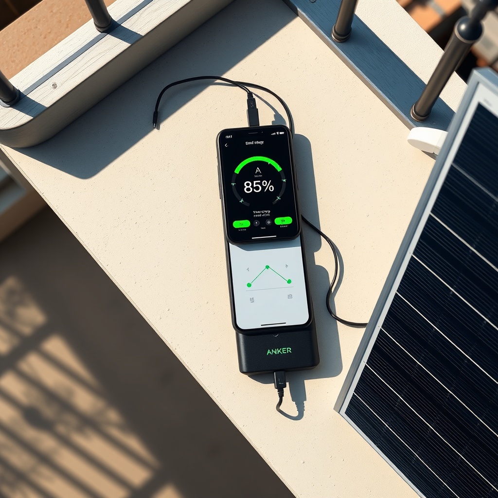 A photorealistic top-down view of an Anker Solix Solarbank 2 Pro connected to two solar pa