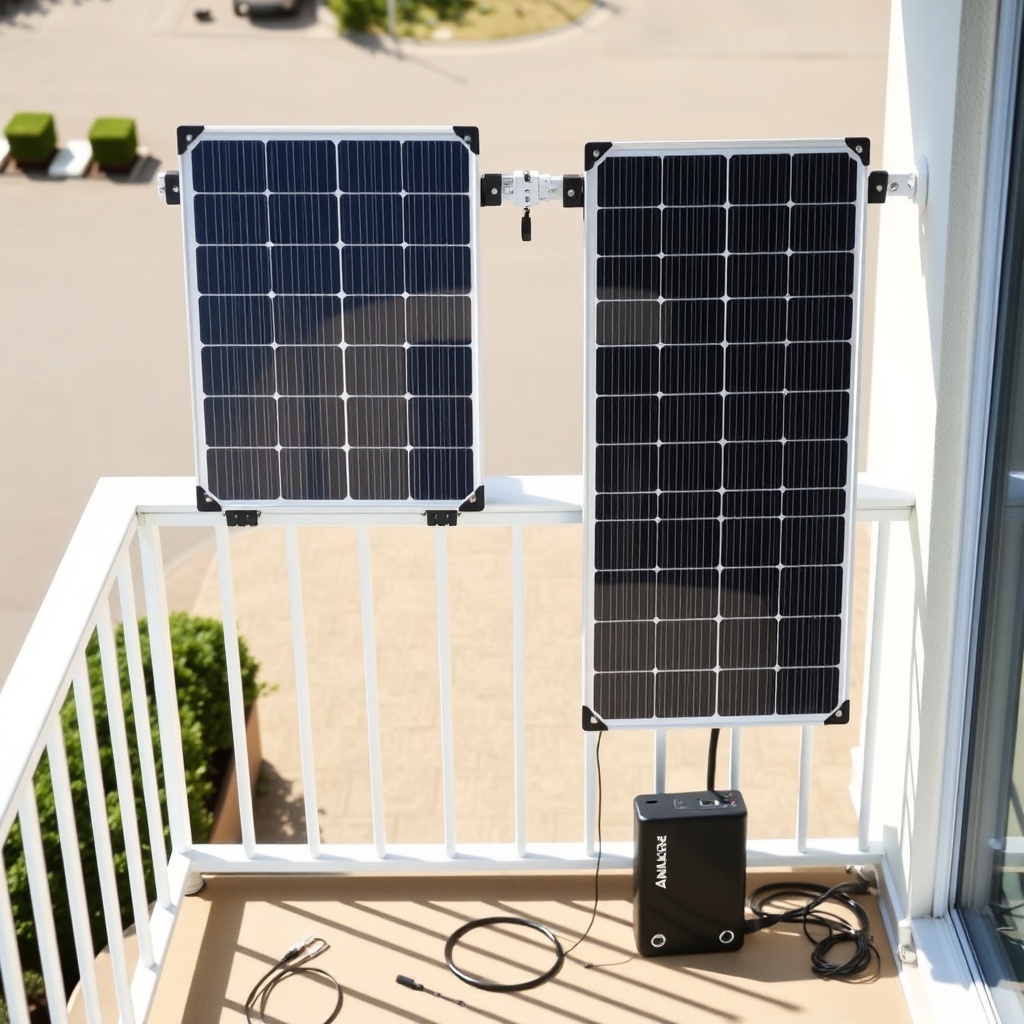 Overhead shot of two solar panels mounted on a balcony railing with clamp systems