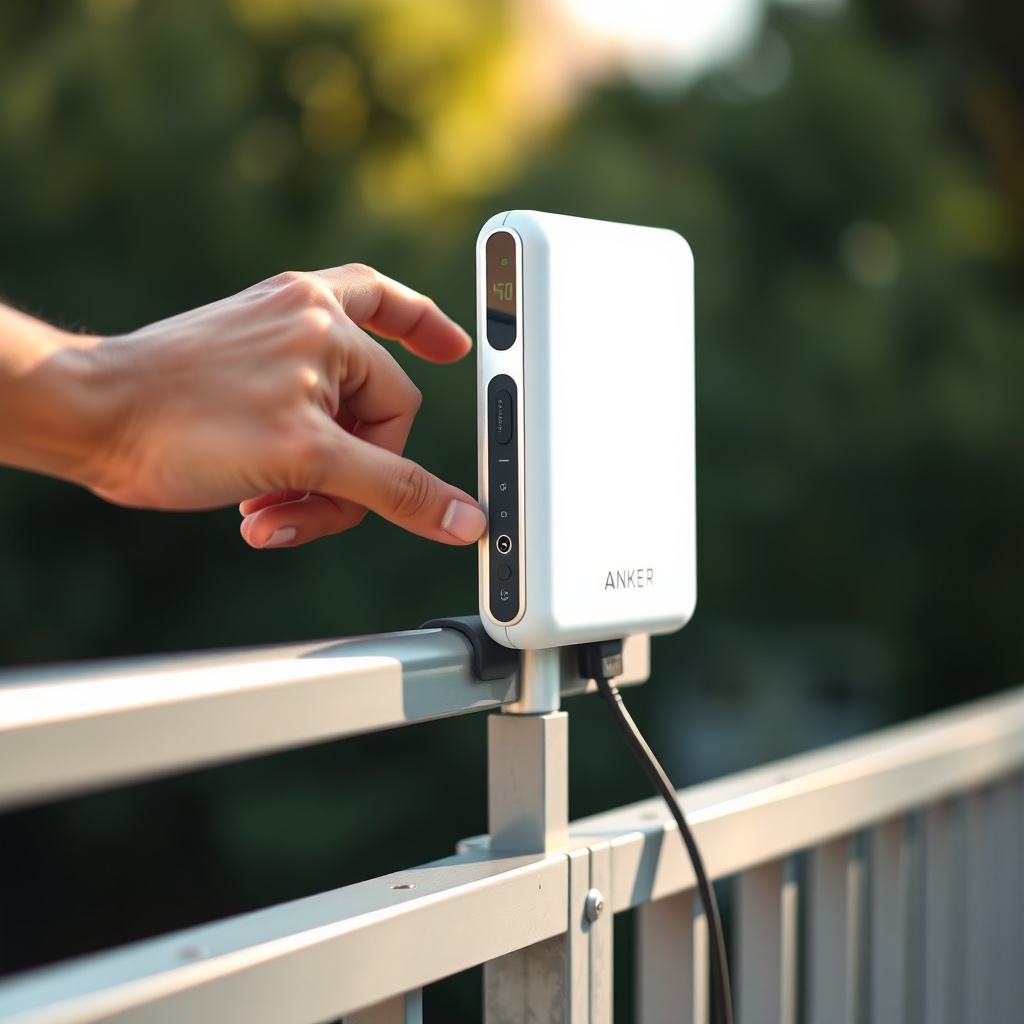 Close-up of a white Anker Solix Solarbank 2 Pro mounted on a railing