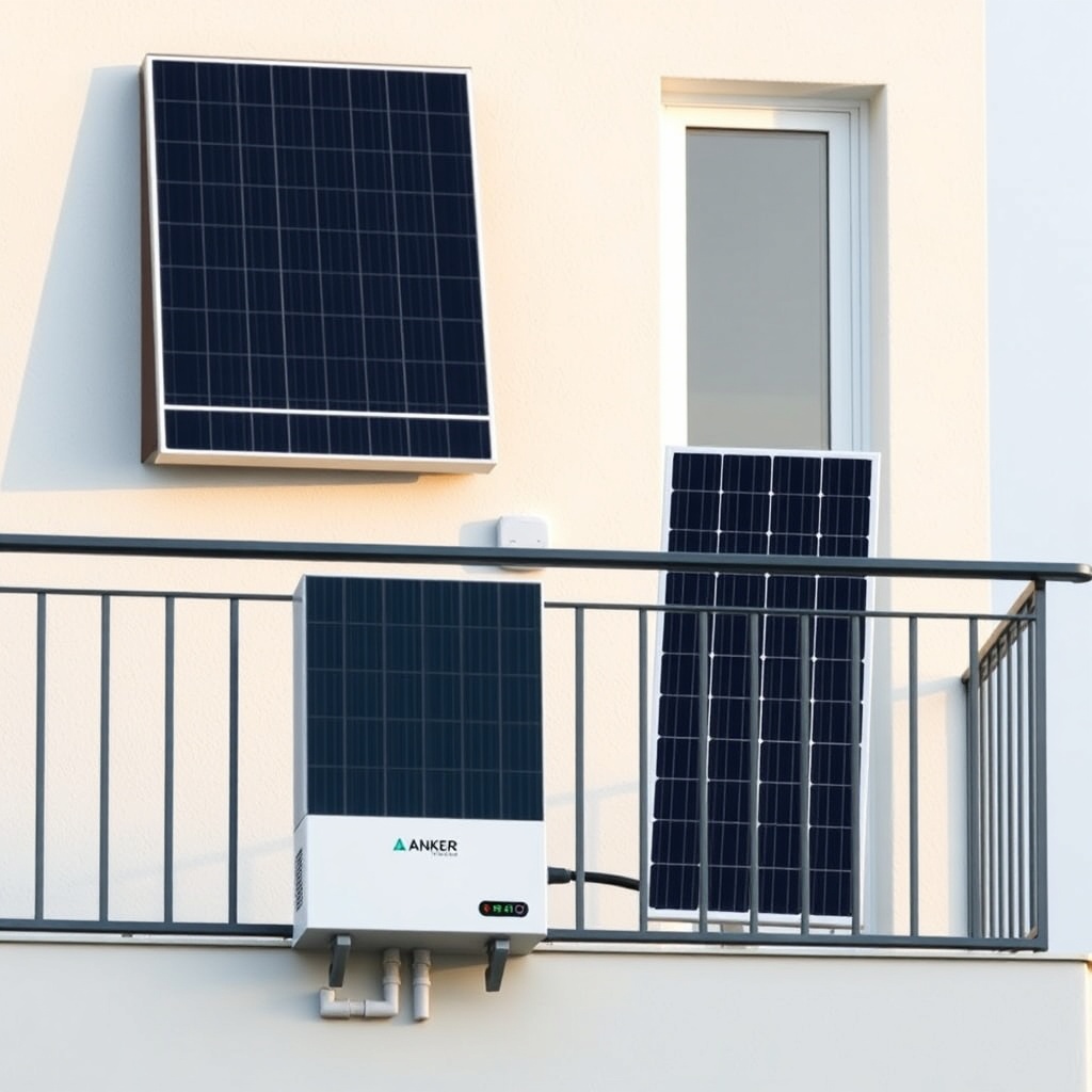 Photorealistic shot of a balcony with two Anker Solix 400Wp solar panels
