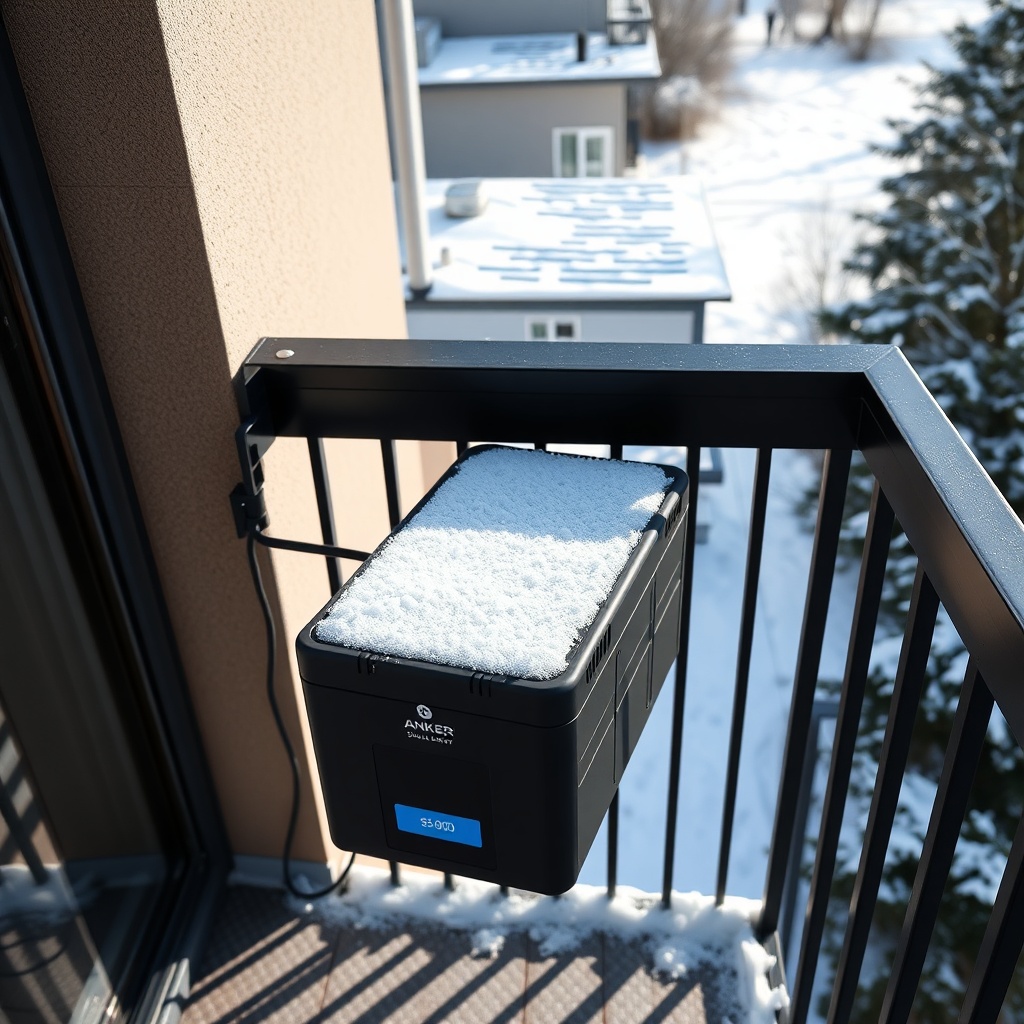 A modern balcony solar setup with an Anker Solix Solarbank 2 Pro mounted on a bracket unde