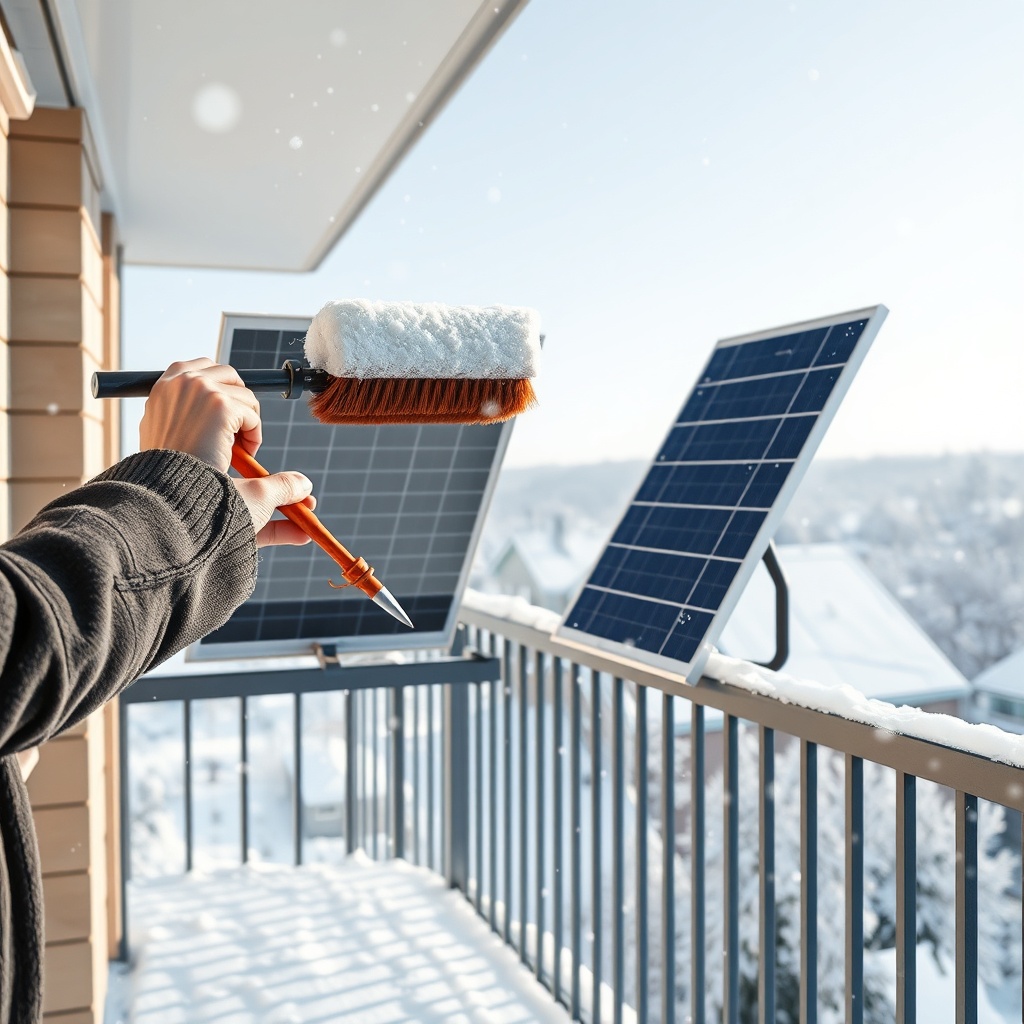 A person gently using a long-handled soft brush to remove snow from two tilted solar panel