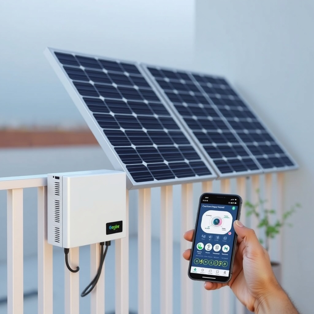 A clean photorealistic photo of a balcony with solar panels mounted on the railing