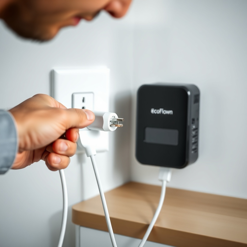 A photorealistic close-up of a man's hand plugging a white Schuko plug into a white wall o