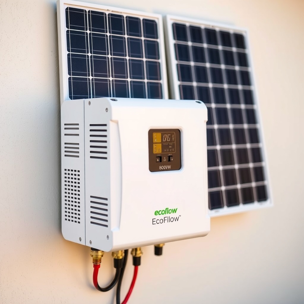 A close-up shot of the EcoFlow PowerStream 800W inverter unit mounted on a wall