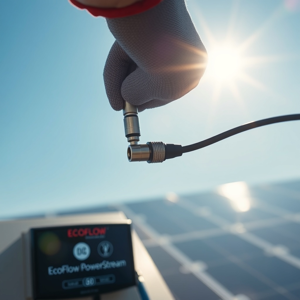 A person in work gloves carefully connecting an MC4 solar connector to the cable from the