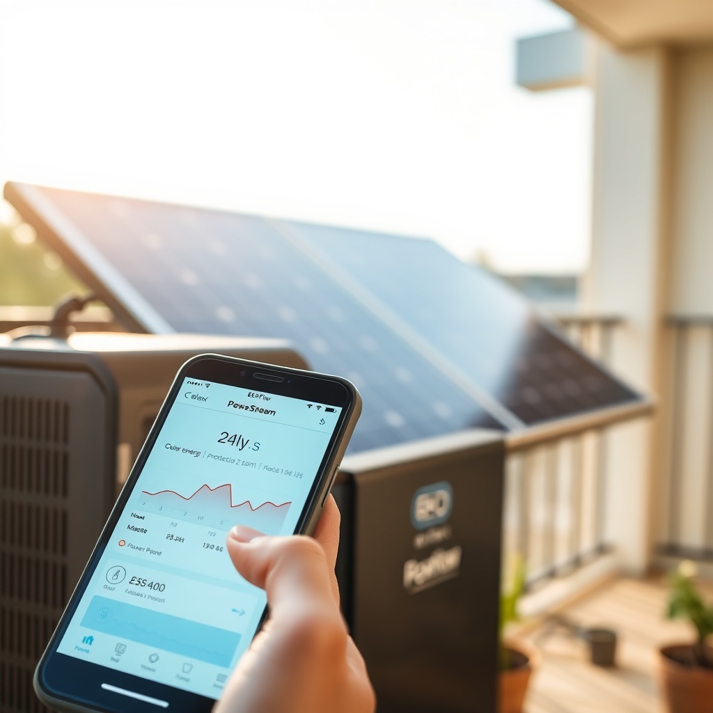 Close-up of a hand touching the EcoFlow PowerStream 800W app interface on a smartphone