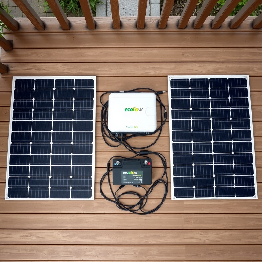 Photorealistic top-down view of an EcoFlow PowerStream 800W system laid out on a wooden ba