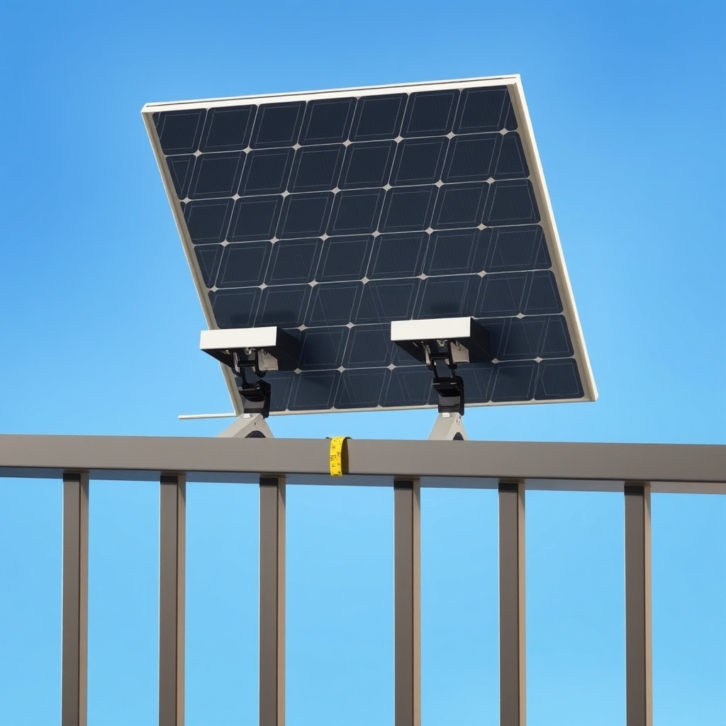 A photorealistic photo of a balcony railing with two solar panels mounted at a 30-degree a