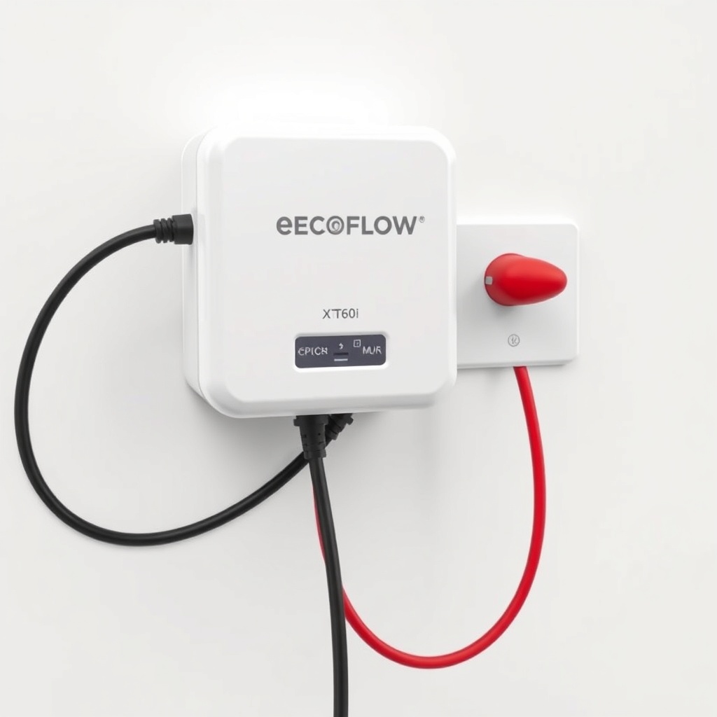 A photorealistic close-up illustration of a white EcoFlow PowerStream box mounted on a wal