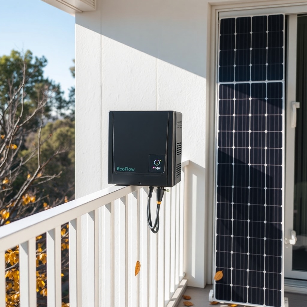 A photo of a black EcoFlow PowerStream 800W inverter installed on a white balcony railing