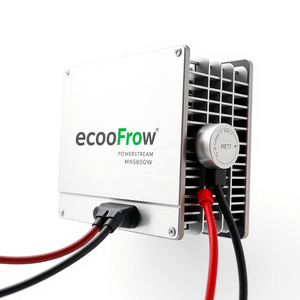 A photorealistic close-up of the EcoFlow PowerStream 800W microinverter module with visibl