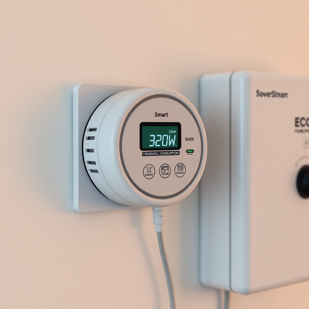 A clean photorealistic photo of a white smart meter device mounted on a wall next to a fus