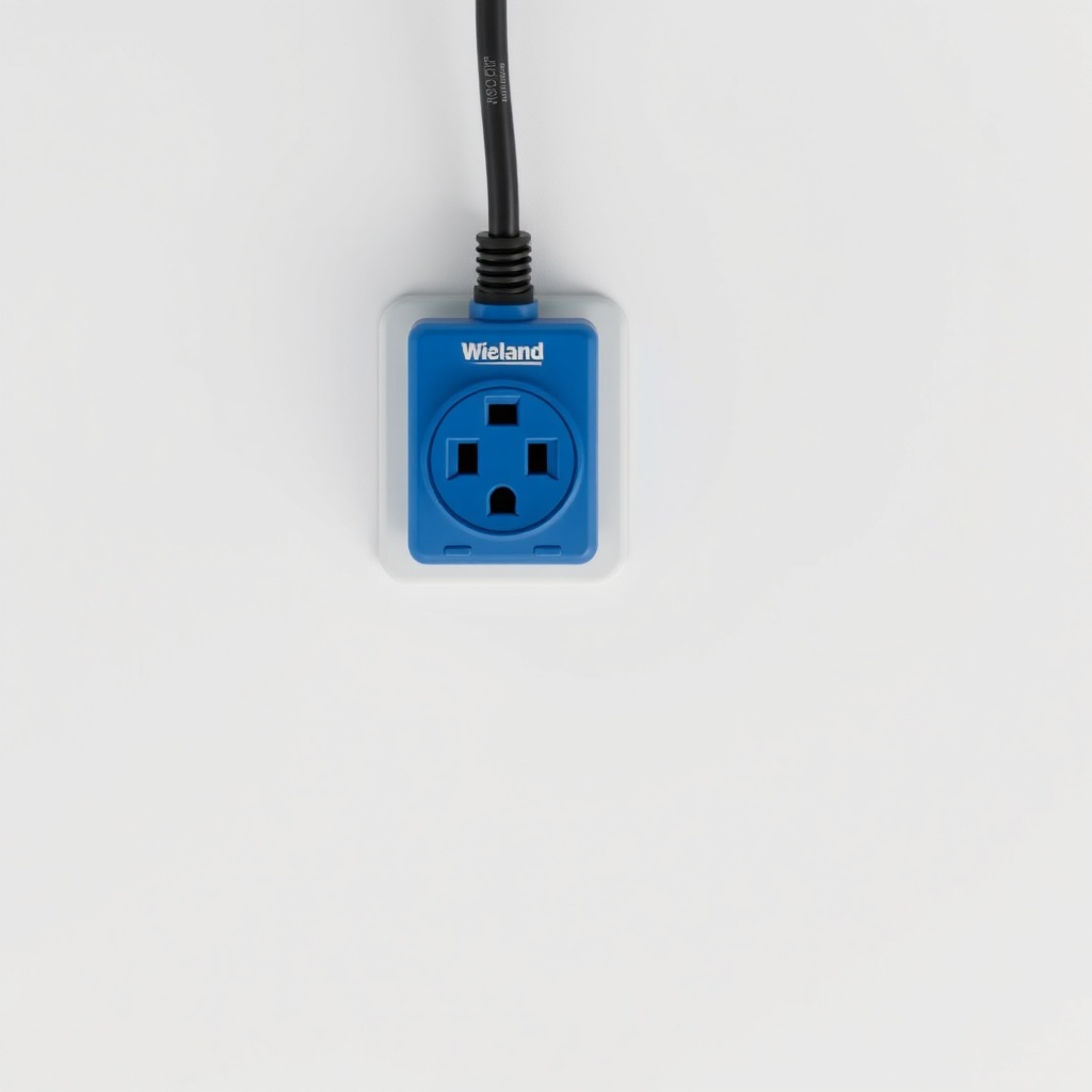 A photorealistic overhead shot showing a clean white wall with a Wieland blue CEE socket i