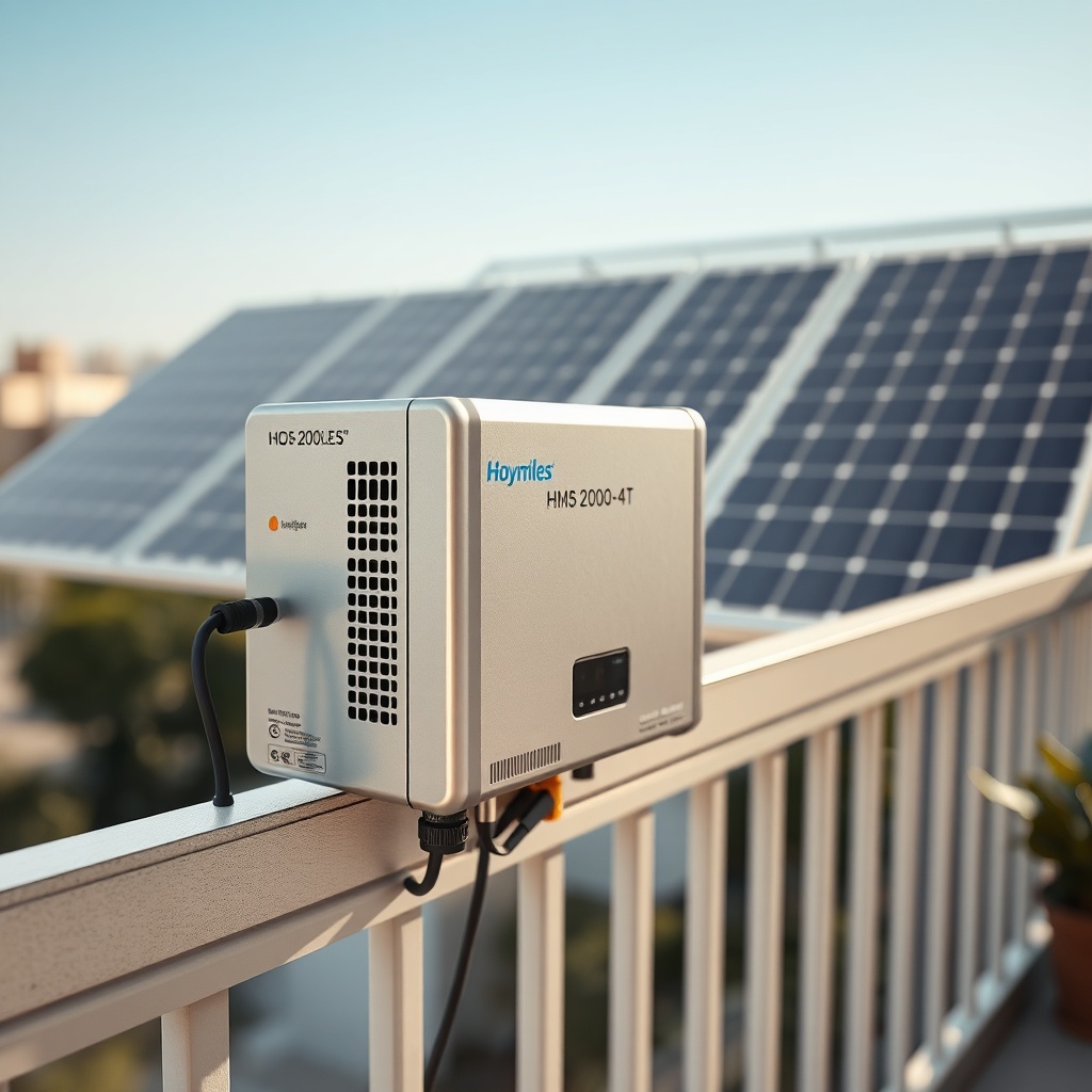 A close-up photorealistic photo of a Hoymiles HMS-2000-4T microinverter mounted on a balco
