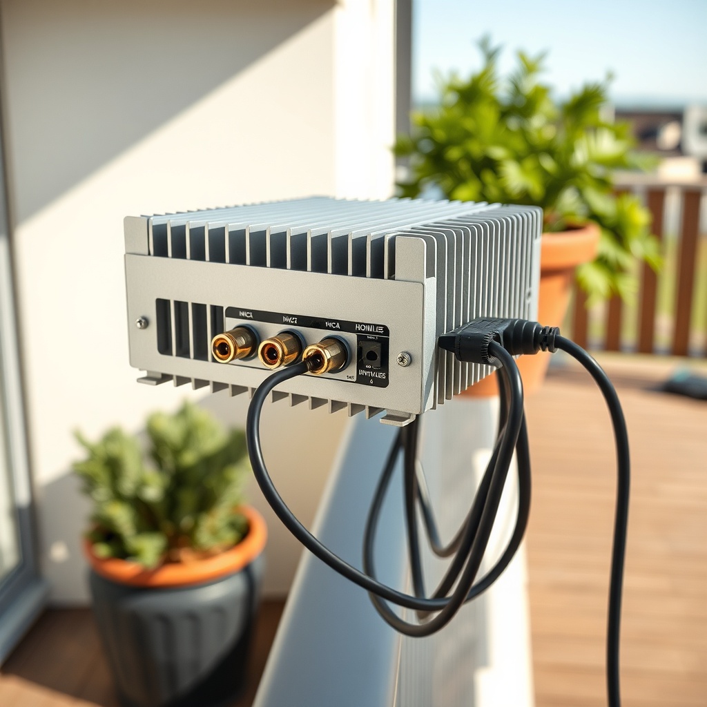A photorealistic close-up photo of a Hoymiles HMS-2000-4T mounted on a balcony railing