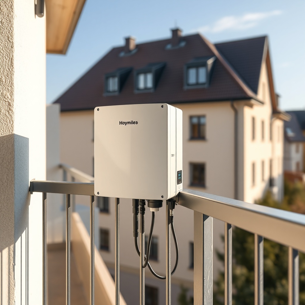 A clean photorealistic photo of a Hoymiles HMS-2000-4T microinverter mounted on a balcony