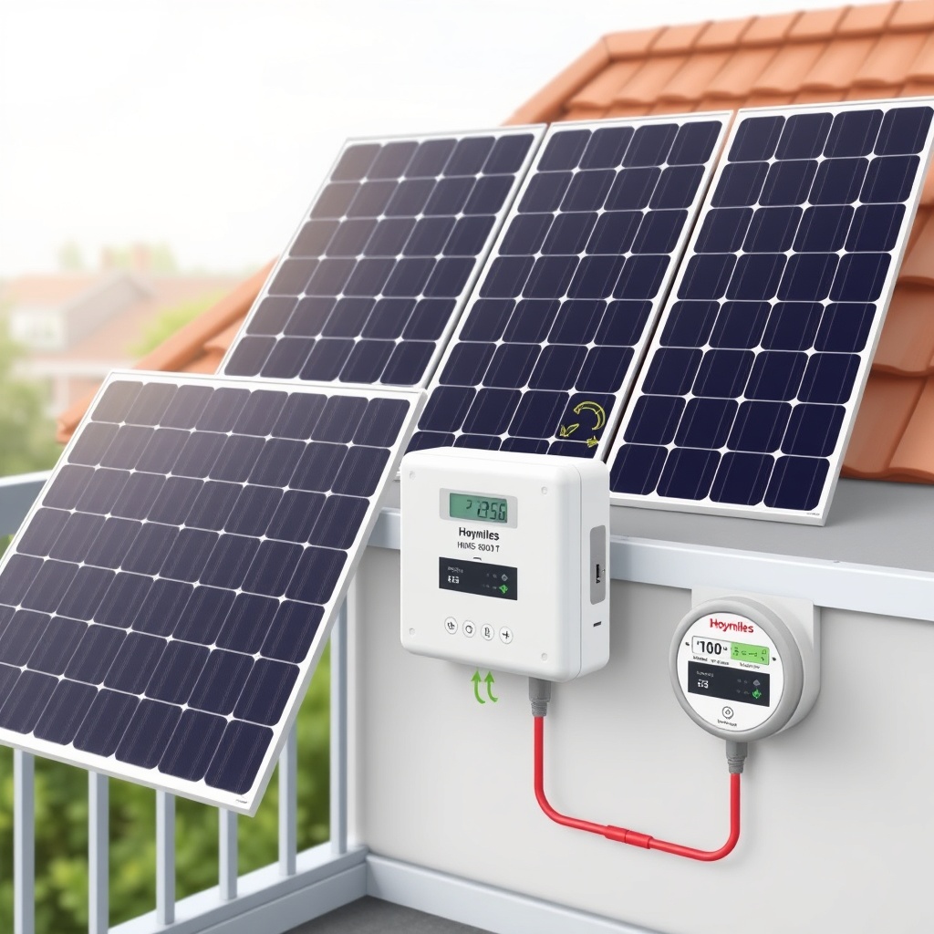 An illustration of four solar panels connected to a Hoymiles HMS-2000-4T on a balcony