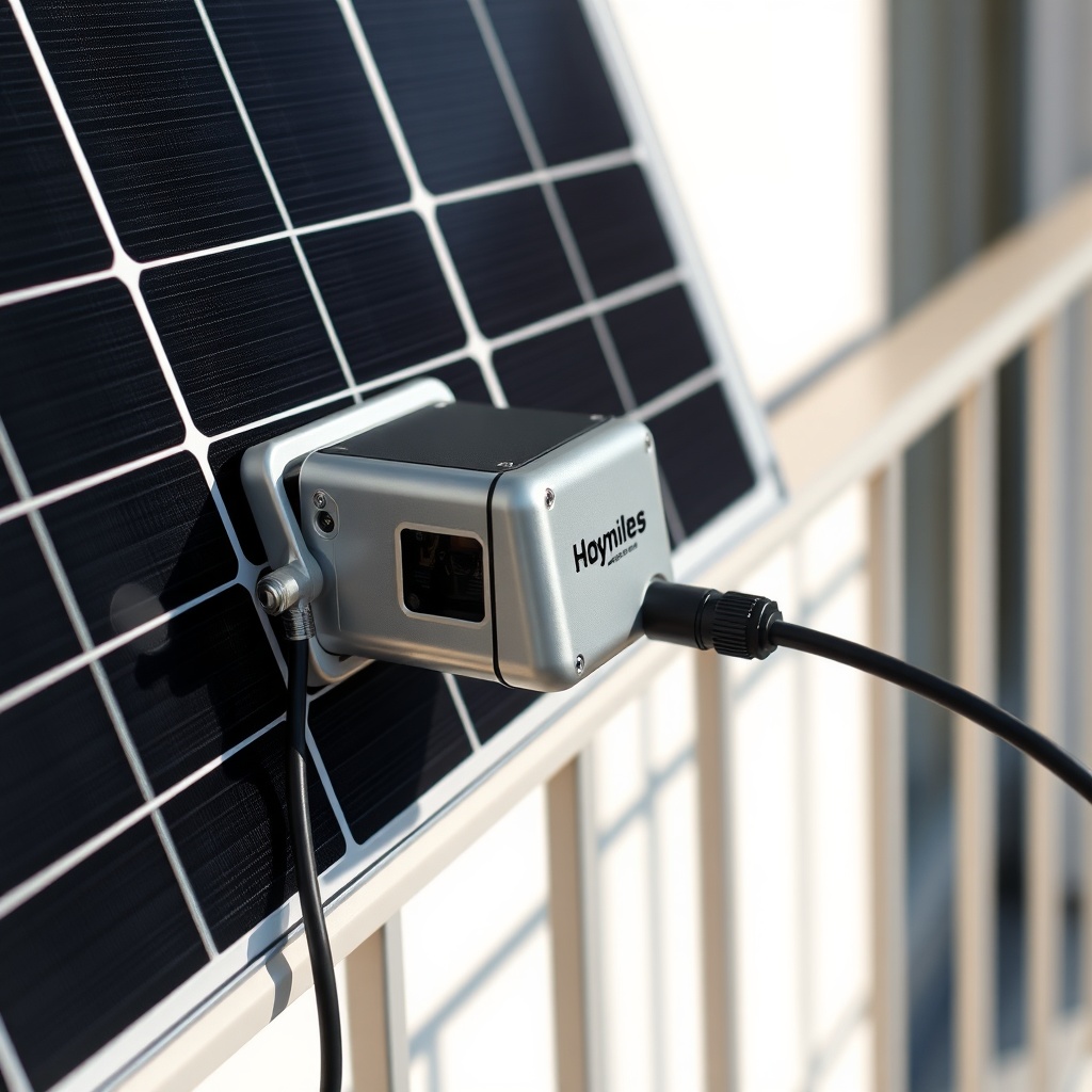 Close-up shot of a Hoymiles HMS-2000-4T mounted behind a solar panel on a balcony railing