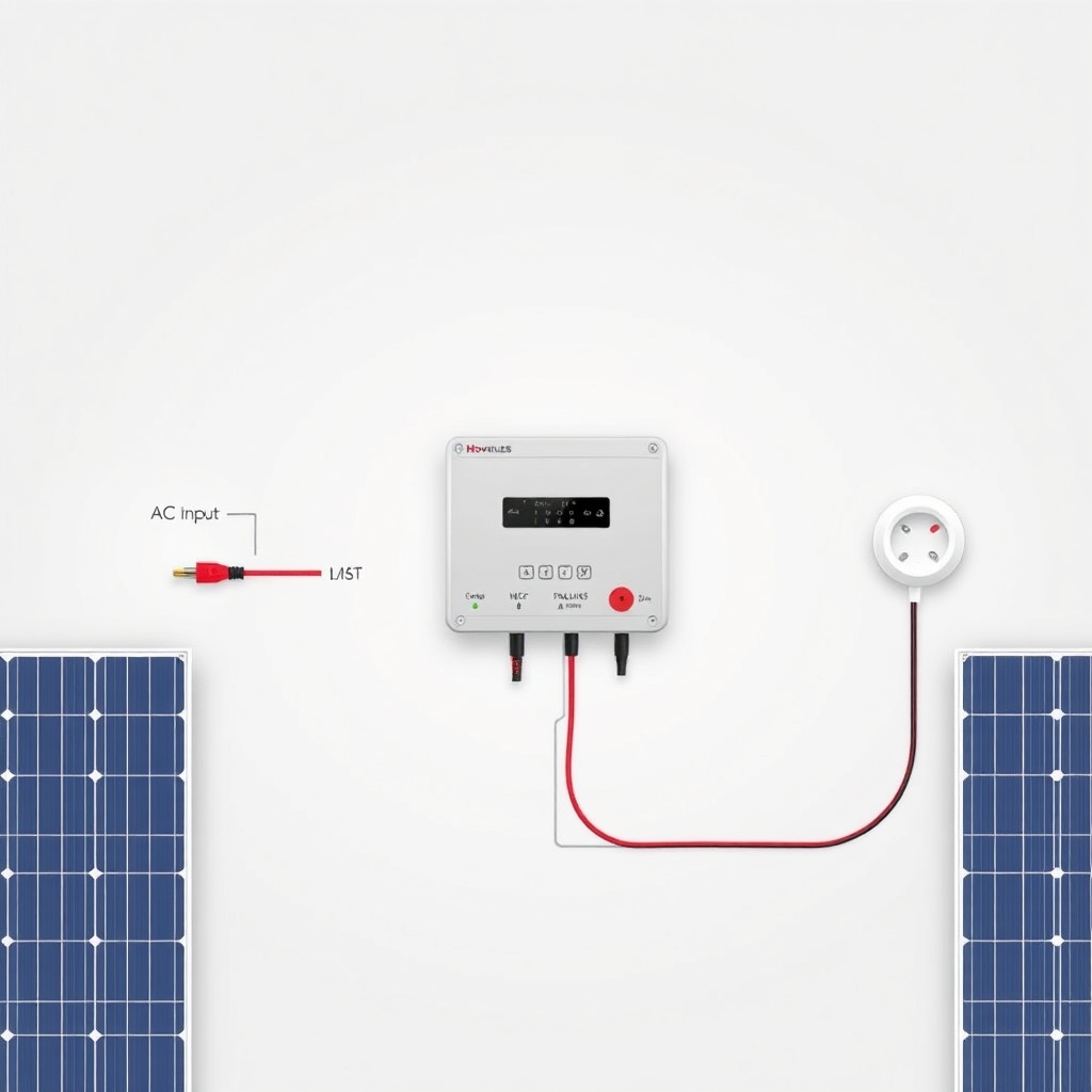 A clean diagram-style illustration showing four solar panels connected to the Hoymiles HMS