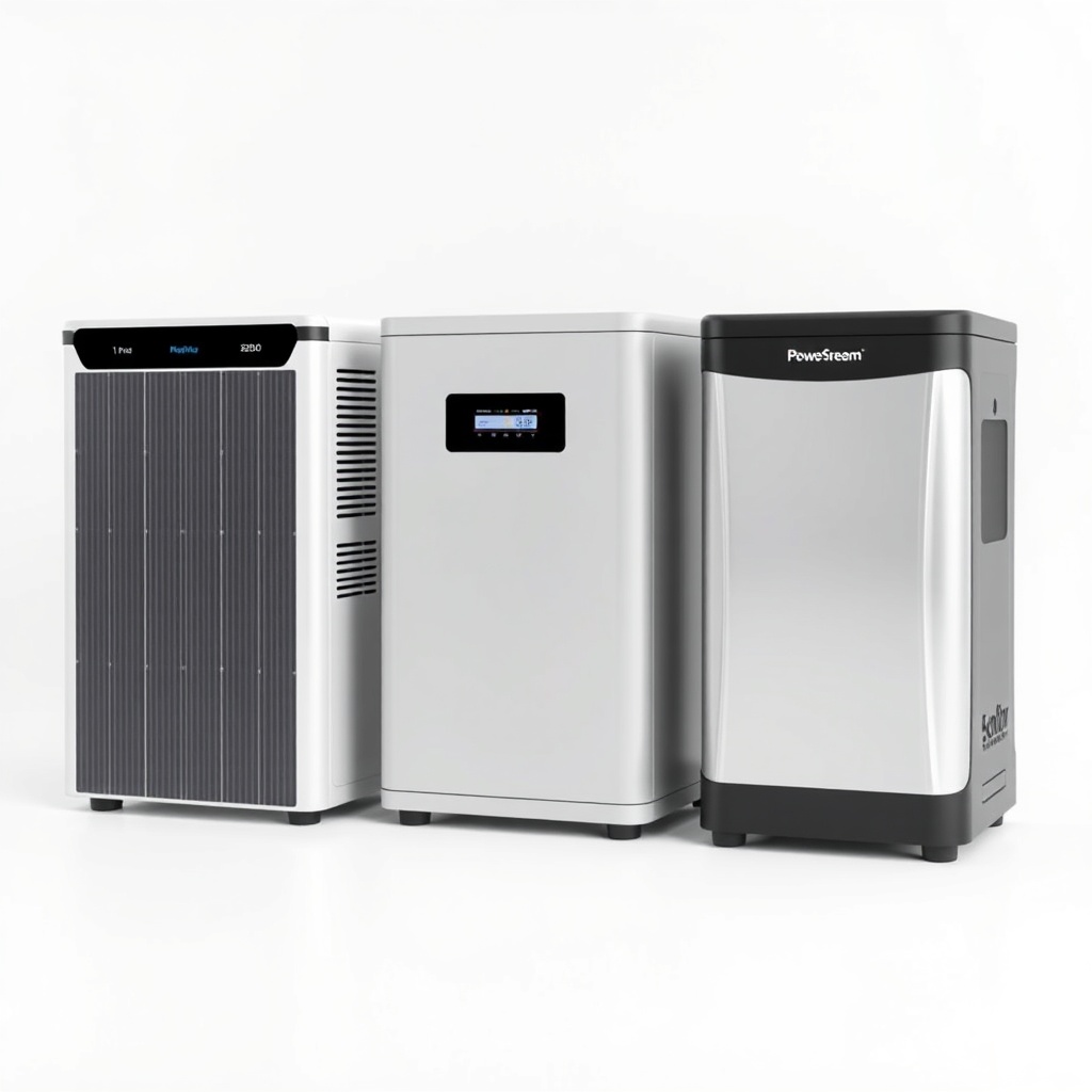 A clean photorealistic photo showing three different balcony solar storage units (Anker So