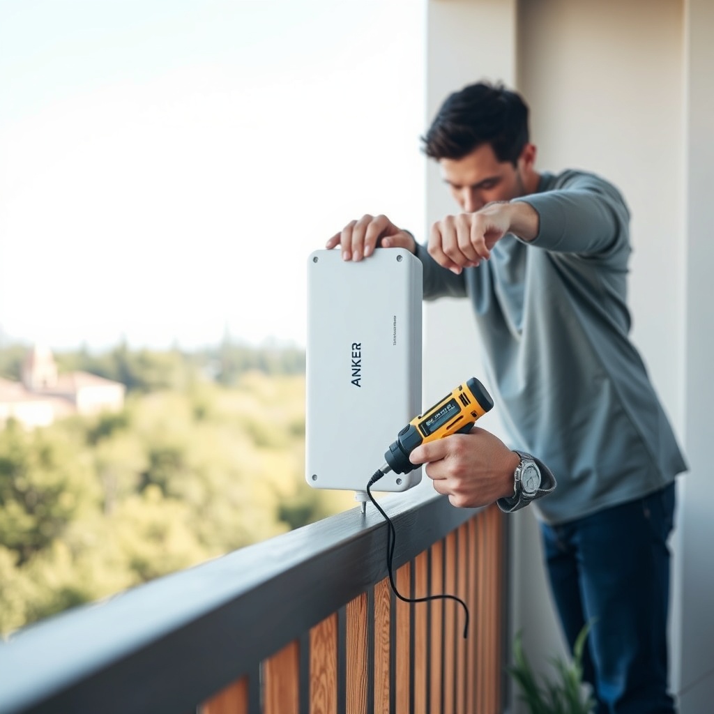 A photorealistic photo showing a person installing a white Anker Solix Solarbank 2 Pro on