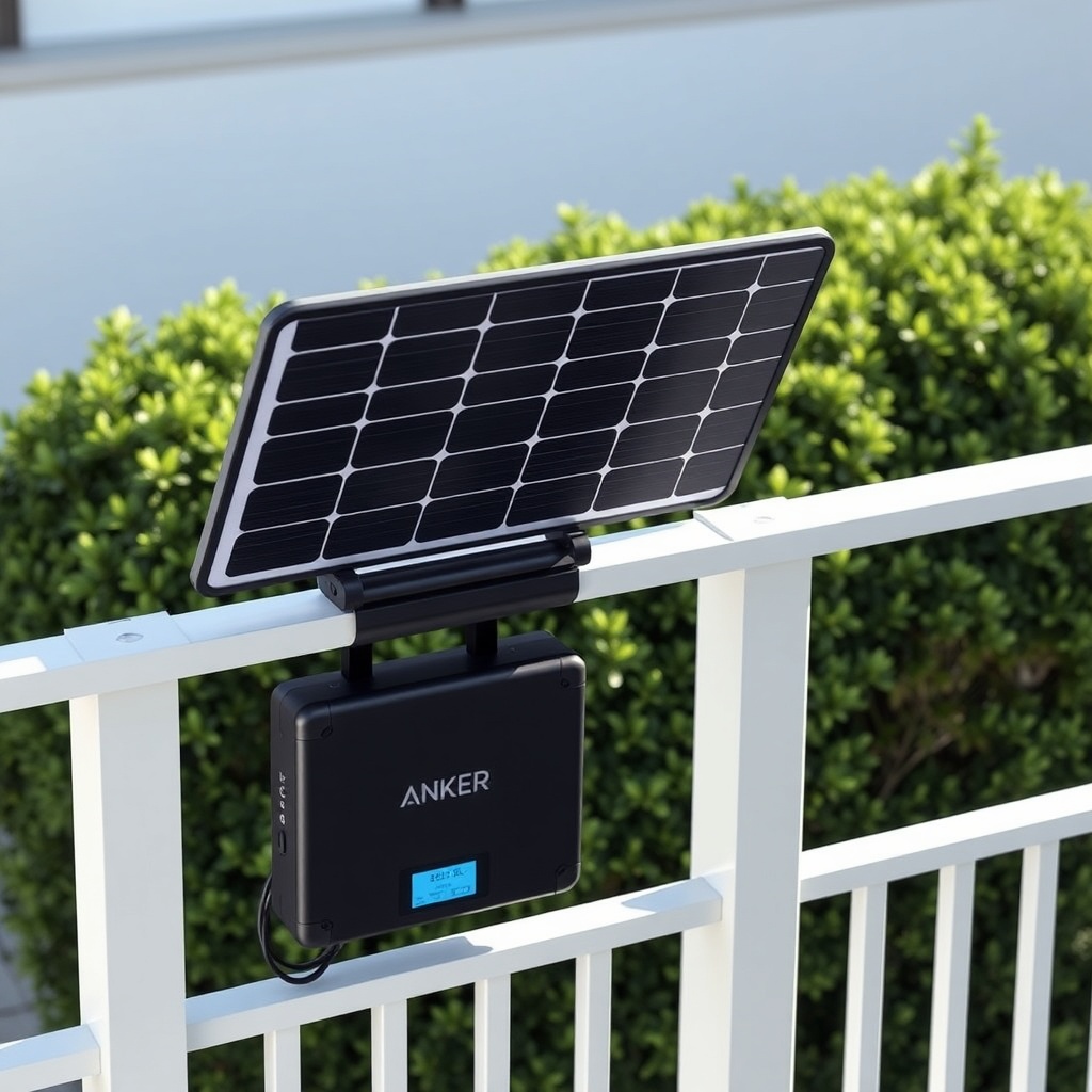 Clean photorealistic photo of a balcony railing with a solar panel and the Anker Solix Sol