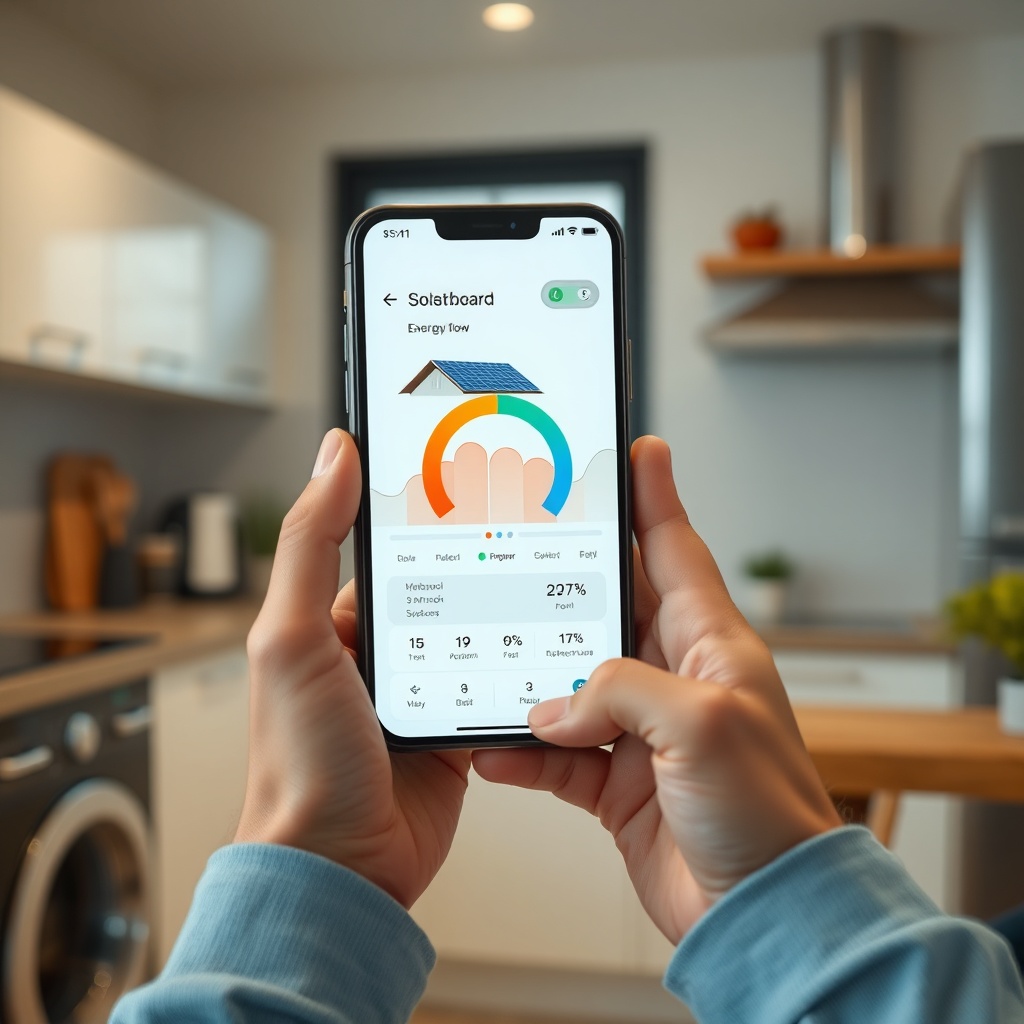 Clean photorealistic photo of a person using a smartphone app showing the energy flow dash